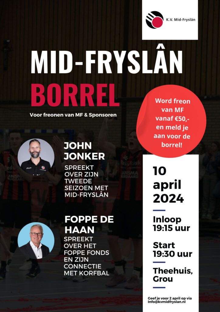 Banner voor de Mid-Fryslân Borrel in het Theehuis in Grou op woensdag 10 april 2024