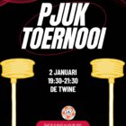 Banner voor een pjuktoernooi in sporthal De Twine op donderdag 02-01-2025